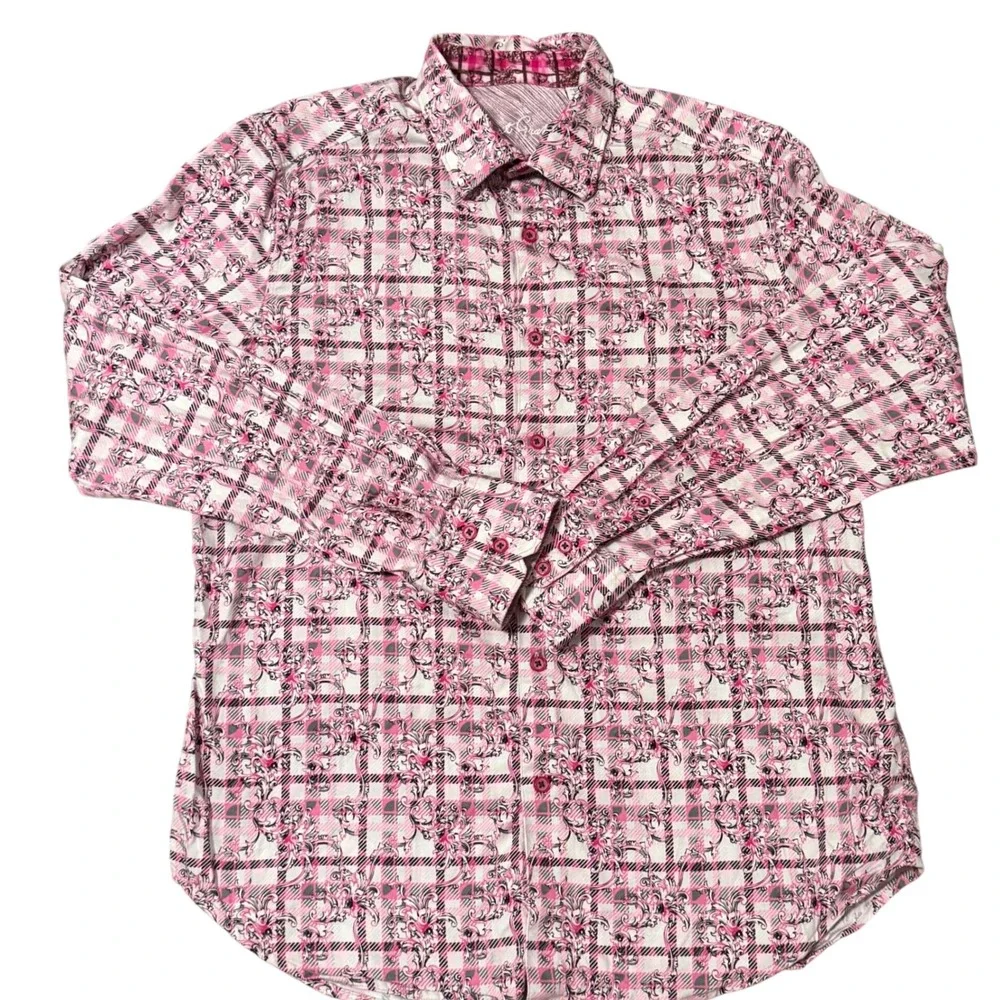 Robert Graham Vine Pink Plaid Floral Flip Cuff Long Sleeve Classic Fit Men Shirt